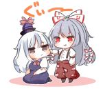  2girls :d alternate_eye_color bangs black_footwear blue_dress blue_hair blue_headwear blush boots bow breasts brown_eyes brown_footwear cheek_pull chibi commentary_request dress eyebrows_visible_through_hair fujiwara_no_mokou full_body hair_bow hat hat_ribbon highres jitome juliet_sleeves kamishirasawa_keine kurotaro long_hair long_sleeves looking_at_another medium_breasts multicolored_hair multiple_girls neck_ribbon ofuda open_mouth pants parted_lips pinafore_dress puffy_short_sleeves puffy_sleeves red_eyes red_neckwear red_pants red_ribbon ribbon seiza shirt shoes short_sleeves silver_hair simple_background sitting smile standing streaked_hair suspenders touhou translation_request v-shaped_eyebrows very_long_hair white_background white_bow white_shirt 