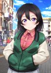  1girl bangs black_hair blurry blurry_background blush collared_shirt crowd dated green_jacket hands_in_pockets highres jacket long_sleeves looking_at_viewer love_live! love_live!_sunshine!! love_live!_sunshine!!_the_school_idol_movie_over_the_rainbow plaid plaid_skirt pleated_skirt raglan_sleeves red_shirt shiimai shirt short_hair signature skirt smile solo_focus upper_body violet_eyes watanabe_tsuki 