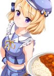  1girl ame. anchor_symbol azur_lane bangs beret blonde_hair blue_bow blue_headwear blue_serafuku blue_shirt blue_skirt blush bow breasts closed_mouth collarbone commentary_request curry curry_rice eyebrows_visible_through_hair fingernails food hair_bow hand_on_hip hat highres holding holding_plate medium_breasts midriff neck_ribbon plate pleated_skirt ribbon rice sailor_collar school_uniform serafuku shirt simple_background skirt sleeveless sleeveless_shirt smile solo striped striped_bow violet_eyes white_background white_sailor_collar wrist_cuffs yellow_ribbon z23_(azur_lane) 