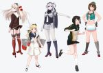  5girls amatsukaze_(kantai_collection) anchor_symbol beret black_footwear black_gloves black_hair black_headband black_panties black_sailor_collar black_skirt blonde_hair blue_eyes blue_sailor_collar bodysuit brown_dress brown_eyes brown_hair clothes_writing commentary_request corset dress from_behind full_body garter_straps gloves grey_eyes grey_jacket hachimaki hair_between_eyes hair_ornament hair_tubes hairclip hands_on_hips hat hat_ribbon hayasui_(kantai_collection) headband headgear highres jacket jervis_(kantai_collection) kantai_collection loafers long_hair looking_at_viewer looking_back machinery maya_(kantai_collection) midriff mini_hat multicolored multicolored_clothes multicolored_jacket multiple_girls ojipon one_side_up panties pleated_skirt red_legwear red_ribbon remodel_(kantai_collection) ribbon sailor_collar sailor_dress sailor_hat school_uniform serafuku shoes short_dress short_hair short_sleeves silver_hair skirt sleeveless standing striped striped_legwear suzutsuki_(kantai_collection) thigh-highs track_jacket two_side_up underwear white_bodysuit white_dress white_gloves white_headwear white_neckwear white_skirt windsock x_hair_ornament 