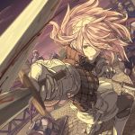  1girl armor blood clouds dagger fire_emblem fire_emblem_if gloves hair_over_one_eye hairband helmet holding holding_sword holding_weapon long_hair long_sleeves mooncanopy nintendo outdoors parted_lips pink_hair pouch sheath shield sky soleil_(fire_emblem_if) solo_focus sword weapon white_gloves 