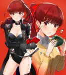  /\/\/\ 1girl black_jacket black_legwear black_leotard contrapposto cowboy_shot eating food food_on_face gloves highres jacket leotard long_hair looking_at_viewer multiple_views onigiri ormille persona persona_5 persona_5_the_royal playboy_bunny_leotard ponytail red_background red_eyes red_gloves redhead simple_background standing striped_cardigan thigh-highs upper_body yellow_cardigan yoshizawa_kasumi 