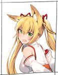  .live 1girl :d animal_ears bare_shoulders blonde_hair blush braid breasts detached_sleeves hair_ribbon highres japanese_clothes kei_(soundcross) kemonomimi_mode kimono kongou_iroha large_breasts leaning_forward long_hair looking_at_viewer looking_to_the_side open_mouth red_ribbon ribbon ribbon-trimmed_sleeves ribbon_trim round_teeth sleeveless sleeveless_kimono smile solo teeth twintails upper_teeth v-shaped_eyebrows very_long_hair virtual_youtuber white_kimono white_sleeves 