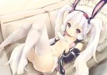  1girl animal_ears azur_lane bangs bare_shoulders bikini_top black_hairband black_jacket black_sleeves blush cellphone commentary_request couch detached_sleeves eyebrows_visible_through_hair frilled_pillow frills hair_between_eyes hairband highres holding holding_cellphone holding_phone jacket knees_up laffey_(azur_lane) long_hair long_sleeves looking_at_viewer lying maru_shion navel on_back on_couch open_clothes open_jacket open_mouth panties pantyshot pantyshot_(lying) phone pillow pleated_skirt rabbit_ears skirt sleeveless_jacket solo thigh-highs twintails underwear very_long_hair violet_eyes white_bikini_top white_hair white_legwear white_panties white_skirt 