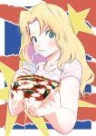  1girl blonde_hair blue_eyes commentary cropped_torso cup disposable_cup drinking_straw dripping emblem food food_in_mouth foreshortening girls_und_panzer hair_intakes highres holding holding_cup holding_food kay_(girls_und_panzer) lips long_hair looking_at_viewer offering oze_(xyz_go_go11) pizza saunders_(emblem) shirt short_sleeves solo standing star t-shirt upper_body white_shirt 