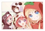  4girls akaza_akari black_hair blonde_hair blue_eyes blush_stickers brown_eyes cosplay cup funami_yui highres kigurumi mug multiple_girls namori pajamas pink_hair redhead smile tomato_costume toshinou_kyouko v yoshikawa_chinatsu yuru_yuri 