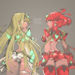  2girls armor ass bangs blonde_hair breasts cleavage_cutout covered_navel earrings fingerless_gloves fujimoto_hideaki gem gloves headpiece mythra_(xenoblade) pyra_(xenoblade) jewelry large_breasts long_hair looking_at_viewer multiple_girls nintendo panties red_eyes red_shorts redhead short_hair shorts shoulder_armor simple_background swept_bangs thigh_strap tiara underwear white_panties xenoblade_(series) xenoblade_2 yellow_eyes 