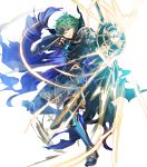  1boy alm_(fire_emblem) alternate_costume arai_teruko armor armored_boots arrow boots bow_(weapon) cape fingerless_gloves fire_emblem fire_emblem_echoes:_mou_hitori_no_eiyuuou fire_emblem_heroes full_body gloves green_eyes green_hair hair_ornament highres male_focus nintendo official_art teeth torn_clothes transparent_background weapon 