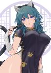  1girl :o animal_ears banned_artist bare_hips blue_eyes blue_hair byleth_(fire_emblem) byleth_eisner_(female) china_dress chinese_clothes collared_dress dress elbow_gloves fire_emblem fire_emblem:_three_houses gloves hairband hand_fan highres leotard leotard_under_clothes looking_at_viewer shimizu_akina side_slit tail white_leotard 