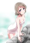  1girl blue_eyes blush breasts cleavage collarbone commentary_request grey_hair half-closed_eyes looking_at_viewer love_live! love_live!_sunshine!! nail_polish naked_towel onsen pink_nails rock seductive_smile short_hair smile solo steam towel wading watanabe_you wet yopparai_oni 