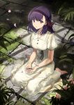  1girl bare_arms barefoot black_ribbon breasts buttons collared_dress commentary_request dress fate/stay_night fate_(series) full_body grass hair_ribbon heaven&#039;s_feel indoors long_hair looking_at_viewer matou_sakura medium_breasts nagu parted_lips plant puffy_short_sleeves puffy_sleeves purple_hair red_ribbon revision ribbon short_sleeves sitting solo violet_eyes wariza white_dress 