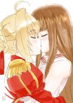  2girls blonde_hair blush brown_hair closed_eyes dress fate/extella fate/extra fate_(series) highres hug kishinami_hakuno_(female) kiss multiple_girls nero_claudius_(fate) nero_claudius_(fate)_(all) red_dress red_ribbon ribbon simple_background white_background white_dress yuri 