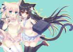  2girls :d :q animal_ear_fluff animal_ears bag bangs black_hair black_legwear blue_neckwear blue_skirt blush bow brown_bow brown_eyes brown_footwear brown_skirt brown_sweater cat_ears cat_girl cat_tail closed_mouth collared_shirt commentary_request crepe cup diagonal-striped_background diagonal_stripes disposable_cup drinking_straw drop_shadow eyebrows_visible_through_hair food green_background green_bow green_eyes hair_between_eyes hair_bow holding holding_cup light_brown_hair loafers long_hair long_sleeves multiple_girls necktie open_mouth original plaid plaid_bow plaid_neckwear plaid_skirt pleated_skirt school_bag school_uniform shirt shoes skirt sleeves_past_wrists smile striped striped_background sumii sweater tail thigh-highs tongue tongue_out twintails very_long_hair white_legwear white_shirt 