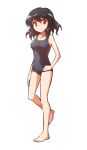  1girl alphes_(style) alternate_costume bare_arms bare_legs barefoot black_hair black_swimsuit breasts casual_one-piece_swimsuit closed_mouth collarbone dairi eyebrows_visible_through_hair full_body hand_on_hip looking_at_viewer medium_breasts medium_hair one-piece_swimsuit parody red_eyes shameimaru_aya shiny shiny_hair smile solo standing style_parody swimsuit tachi-e touhou transparent_background 