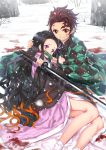  1boy 1girl black_hair black_jacket black_pants blood brown_hair checkered clenched_teeth commentary_request day fingernails forehead highres holding holding_sword holding_weapon jacket japanese_clothes kamado_nezuko kamado_tanjirou katana kimetsu_no_yaiba kimono long_hair long_sleeves looking_at_viewer lying mouth_hold on_side outdoors pants pink_kimono red_eyes shirt snow snowing sword swordsouls teeth tree v-shaped_eyebrows very_long_hair violet_eyes weapon white_shirt 