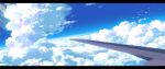  airplane_wing blue_sky clouds cloudy_sky day highres letterboxed light_rays no_humans original outdoors scenery sennotane sky sunbeam sunlight 