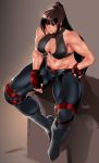  1girl abs artist_name black_hair bowalia breasts cleavage fingerless_gloves gloves large_breasts looking_at_viewer medium_hair muscle muscular_female navel original red_eyes red_gloves sitting solo stomach 