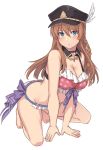  1girl all_fours arched_back ass bangs bare_arms bare_shoulders barefoot bikini black_choker black_headwear blue_eyes blush braid breasts brown_hair choker cleavage closed_mouth commentary_request detached_collar eyebrows_visible_through_hair feathers frilled_bikini frills full_body granblue_fantasy hat_feather large_breasts lecia_(granblue_fantasy) long_hair looking_at_viewer pink_bikini polka_dot polka_dot_bikini purple_ribbon ribbon shiseki_hirame side_braid simple_background solo swimsuit white_background 