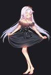  .live 1girl barefoot black_background black_bow black_dress bow carro_pino collarbone dress full_body hair_bow hair_flaps highres kei_(soundcross) long_hair multicolored_hair off-shoulder_dress off_shoulder puffy_short_sleeves puffy_sleeves purple_hair short_sleeves silver_hair skirt_hold solo standing streaked_hair striped striped_bow tiara very_long_hair virtual_youtuber 