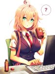  1girl ? absurdres ahoge black_vest collared_shirt cup desk energy_drink green_eyes highres holding holding_cup houzuki_ringo ikinokore!_shachiku-chan keyboard_(computer) long_hair looking_at_viewer monitor nail_polish necktie orange_hair paper red_neckwear sakura_ouka school_uniform shirt short_sleeves simple_background sitting solo spoken_question_mark tied_hair upper_body vest white_background white_shirt wing_collar 