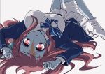  1girl bandage blue_skin bow bowtie breasts commentary_request forehead_scar highres large_breasts long_hair looking_at_viewer looking_back lying minamoto_sakura musukichi on_back outstretched_arms red_eyes redhead scar school_uniform simple_background socks solo white_legwear zombie zombie_land_saga 