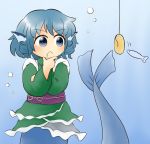 1girl :&lt; air_bubble blue_eyes blue_hair bubble commentary_request crossed_arms doughnut drill_hair drooling eyebrows_visible_through_hair fish fishing_line food freediving frown green_kimono hand_on_own_chin head_fins japanese_clothes kimono long_sleeves looking_to_the_side mermaid monster_girl obi sash short_hair short_kimono solo touhou twin_drills underwater wakasagihime yukimuro 