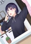  1girl ;o absurdres black_hair black_sweater cactus clock curtains highres holding_curtain indoors looking_at_viewer ochiai_miyabi one_eye_closed original short_hair solo sweater upper_body violet_eyes yawning 