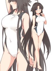  1girl ahoge alternate_costume black_hair blue_eyes breasts collarbone competition_swimsuit covered_navel fate/grand_order fate_(series) full_body highleg highleg_swimsuit kara_no_kyoukai long_hair medium_breasts one-piece_swimsuit ryougi_shiki shiseki_hirame solo standing swimsuit very_long_hair white_swimsuit 