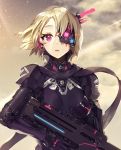  1girl blonde_hair bodysuit breastplate clouds cloudy_sky commentary_request cowboy_shot cyborg day expressionless fuu_kotora gloves gun headphones highres holding holding_gun holding_weapon looking_at_viewer mecha_musume mechanical_eye neon_trim original outdoors parted_lips pink_eyes rifle shiny shiny_clothes short_hair skin_tight sky solo standing star_(sky) starry_sky weapon 