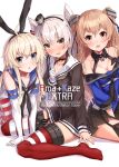  3girls all_fours amatsukaze_(kantai_collection) black_gloves black_legwear black_panties black_skirt blonde_hair blue_shirt blush breasts brown_dress brown_eyes cleavage commentary_request cover cover_page crop_top dress elbow_gloves embarrassed garter_straps gloves grey_eyes hair_ornament hair_tubes hairband hand_on_own_chest hand_up highres johnston_(kantai_collection) kantai_collection light_brown_hair long_hair looking_at_viewer medium_breasts miniskirt multiple_girls off_shoulder open_mouth panties pleated_skirt red_legwear sailor_collar sailor_dress school_uniform serafuku shimakaze_(kantai_collection) shirt short_dress silver_hair single_glove sitting skirt smile striped striped_legwear sweatdrop takanashi_kei_(hitsujikan) thigh-highs two_side_up underwear wariza white_gloves 