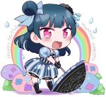  1girl :d black_footwear black_gloves blue_hair blue_ribbon boots bush character_name chibi dated dress fang frilled_sleeves frills full_body gloves hair_ribbon happy_birthday holding holding_umbrella izumi_kirifu long_hair looking_at_viewer love_live! love_live!_sunshine!! open_mouth outline rainbow ribbon short_sleeves side_bun smile solo standing striped striped_dress tsushima_yoshiko umbrella v-shaped_eyebrows vertical-striped_dress vertical_stripes violet_eyes water_drop water_drop_hair_ornament white_outline 