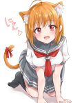  1girl :d ahoge all_fours animal_ear_fluff animal_ears bangs black_legwear blush bow cat_ears cat_tail commentary_request fang grey_skirt heart kemonomimi_mode looking_at_viewer love_live! love_live!_sunshine!! minori_748 neckerchief no_shoes nyan open_mouth orange_hair pleated_skirt red_bow red_eyes red_neckwear school_uniform serafuku short_hair short_sleeves skirt smile socks solo tail tail_bow takami_chika uranohoshi_school_uniform white_background 