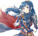  1girl belt blue_eyes blue_gloves blue_hair bodysuit breasts cape cowboy_shot daisy eyebrows_visible_through_hair falchion_(fire_emblem) fingerless_gloves fire_emblem fire_emblem:_kakusei flower gloves hand_on_hilt haru_(nakajou-28) intelligent_systems leaf long_hair long_sleeves looking_at_viewer lucina nintendo open_mouth ribbed_bodysuit shoulder_armor shoulder_strap simple_background small_breasts smile sword symbol-shaped_pupils tiara turtleneck weapon white_background wind 