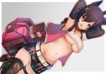  1girl :d animal_ears armpits arms_behind_head arms_up bangs belt belt_buckle black_footwear black_hair black_legwear black_shorts black_sleeves blush boots breasts brown_eyes buckle cleavage commentary_request crop_top detached_sleeves eyebrows_visible_through_hair god_eater god_eater_2:_rage_burst grey_background hair_between_eyes hair_ornament highres kouzuki_nana large_breasts looking_at_viewer navel open_clothes open_mouth open_vest pink_vest short_shorts shorts smile solo tarbo_(exxxpiation) thigh-highs thighhighs_under_boots two-tone_background under_boob v-shaped_eyebrows vest white_background white_belt x_hair_ornament 