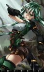  1girl asymmetrical_clothes breasts closed_mouth dual_wielding dutch_angle forest gloves goblin_slayer! green_eyes green_hair high_elf_archer_(goblin_slayer!) highres holding holding_sword holding_weapon indy_k lips long_hair looking_at_viewer nature outdoors pointy_ears shorts sidelocks small_breasts solo standing sword thigh-highs weapon 