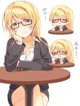  1girl :o ayase_eli bespectacled black_jacket black_skirt blonde_hair blue_eyes blush chin_rest closed_eyes commentary_request formal frown glasses hair_between_eyes jacket long_hair long_sleeves love_live! love_live!_school_idol_project mogu_(au1127) multiple_views pinstripe_shirt red-framed_eyewear semi-rimless_eyewear skirt skirt_suit stretch suit table under-rim_eyewear white_background 