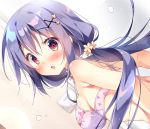  1girl :o bangs blue_hair blush bra breasts commentary_request dutch_angle flower hair_flower hair_ornament long_hair looking_at_viewer looking_back medium_breasts no_shirt original pan_(mimi) purple_bra solo twintails underwear upper_body uta-chan_(pan_(mimi)) violet_eyes x_hair_ornament yellow_flower 