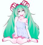  1girl :o absurdres bare_arms bare_legs bare_shoulders barefoot breasts collarbone commentary_request eyebrows_visible_through_hair green_eyes green_hair hair_between_eyes hair_ornament hatsune_miku highres jipponwazaari long_hair medium_breasts nail_polish nightgown number red_nails simple_background sitting very_long_hair vocaloid white_background white_nightgown 