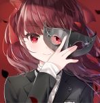  1girl bangs black_jacket bow closed_mouth commentary eyebrows_visible_through_hair fingernails glint hair_bow highres holding holding_mask jacket long_hair long_sleeves mafuyu_(chibi21) mask mask_removed persona persona_5 persona_5_the_royal petals red_background red_bow red_eyes redhead shirt sleeves_past_wrists smile solo twitter_username upper_body white_shirt yoshizawa_kasumi 