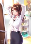  1girl arms_up blush brown_hair camisole closed_mouth collared_shirt commentary_request dress_shirt formal green_eyes hair_tie_in_mouth highres indoors mouth_hold office_lady original pantyhose pencil_skirt ponytail shirt sidelocks skirt suit tying_hair user_guuw8827 white_shirt 