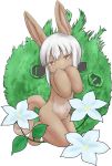  1girl :3 animal_ears covering_mouth flower furry highres kneeling made_in_abyss nanachi_(made_in_abyss) nude r.i.f short_hair_with_long_locks solo tail whiskers white_hair yellow_eyes 