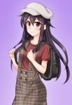 1girl akatsuki_(kantai_collection) alternate_costume anti_(untea9) black_backpack brown_overalls commentary_request eyebrows_visible_through_hair gradient gradient_background hair_between_eyes hat highres ichininmae_no_lady kantai_collection long_hair looking_at_viewer plaid_overalls purple_background purple_hair red_shirt shirt simple_background smile solo t-shirt violet_eyes white_headwear 