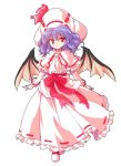  1girl alphes_(style) ascot bat_wings bow capelet closed_mouth commentary_request curiosities_of_lotus_asia dairi eyebrows_visible_through_hair frilled_capelet frilled_skirt frills full_body hat long_hair long_skirt long_sleeves parody pink_headwear pink_skirt purple_hair red_bow red_eyes remilia_scarlet ribbon-trimmed_skirt ribbon_trim skirt smile solo standing style_parody tachi-e touhou transparent_background wings 