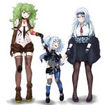  3girls absurdres asymmetrical_legwear bangs bare_shoulders blush closed_eyes eyebrows_visible_through_hair girls_frontline gloves green_hair hair_between_eyes hairband hand_holding highres knee_pads long_hair m950a_(girls_frontline) multiple_girls open_mouth pa-15_(girls_frontline) parted_lips physisyoon red_eyes short_sleeves silver_hair simple_background single_leg_pantyhose single_sock skirt socks standing thigh-highs thunder_(girls_frontline) white_background 