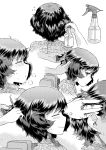  1girl adjusting_another&#039;s_hair akiyama_yukari barber blush bottle closed_eyes comb combing disembodied_hands disembodied_limb doujinshi ear from_side girls_und_panzer hand_in_another&#039;s_hair hand_on_another&#039;s_head heavy_breathing highres hirota_masatane leaning_forward looking_back messy_hair monochrome multiple_views screentones short_hair sitting smile spray_bottle sweat trembling white_background 