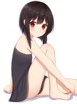  1girl alternate_costume ass bare_legs bare_shoulders black_dress black_hair blush breasts commentary_request dress from_side highres kake_kan kono_subarashii_sekai_ni_shukufuku_wo! looking_at_viewer looking_to_the_side megumin red_eyes short_hair_with_long_locks simple_background small_breasts smile solo thighs white_background 