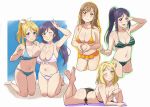  5girls asymmetrical_docking ayase_eli barefoot bikini blonde_hair blue_eyes blue_hair breast_press breasts brown_eyes brown_hair cleavage clenched_hand collarbone commentary_request cropped_legs feet_up front-tie_bikini front-tie_top green_bikini green_eyes green_outline hair_ornament hair_ribbon hairpin halterneck holding kneeling kunikida_hanamaru large_breasts looking_at_viewer love_live! love_live!_school_idol_project love_live!_sunshine!! lying matsuura_kanan multiple_girls navel ohara_mari on_stomach one_eye_closed orange_bikini orange_outline purple_hair ribbon side-tie_bikini sidelocks smile striped striped_bikini swimsuit the_pose toujou_nozomi turkey_min violet_eyes w white_background white_bikini white_ribbon wrist_extended 
