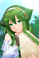  1girl alternate_costume bandanna blue_sky day fingerless_gloves fire_emblem fire_emblem:_mystery_of_the_emblem fire_emblem_heroes food gloves green_eyes green_hair holding lazulia long_hair long_sleeves nintendo outdoors paola parted_lips sandwich sky solo_focus upper_body 