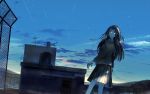  1girl black_hair black_skirt blue_eyes blue_sky blush clouds eyebrows_visible_through_hair hairband highres kukka long_sleeves looking_away original outdoors parted_lips satellite_dish scenery school_uniform shooting_star skirt sky solo standing sunrise 