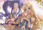  2girls angel_wings bangs blonde_hair blue_berry blue_eyes blue_ribbon closed_eyes commentary cup dress english_commentary feathered_wings firo_(tate_no_yuusha_no_nariagari) food fruit hair_ornament hair_ribbon high_collar holding holding_cup juliet_sleeves leaf leirix_(leirixart) long_hair long_sleeves melty_q_melromarc multiple_girls open_mouth parted_bangs plate puffy_sleeves purple_dress purple_hair ribbon sidelocks smile strawberry tate_no_yuusha_no_nariagari teacup twintails white_wings wings 